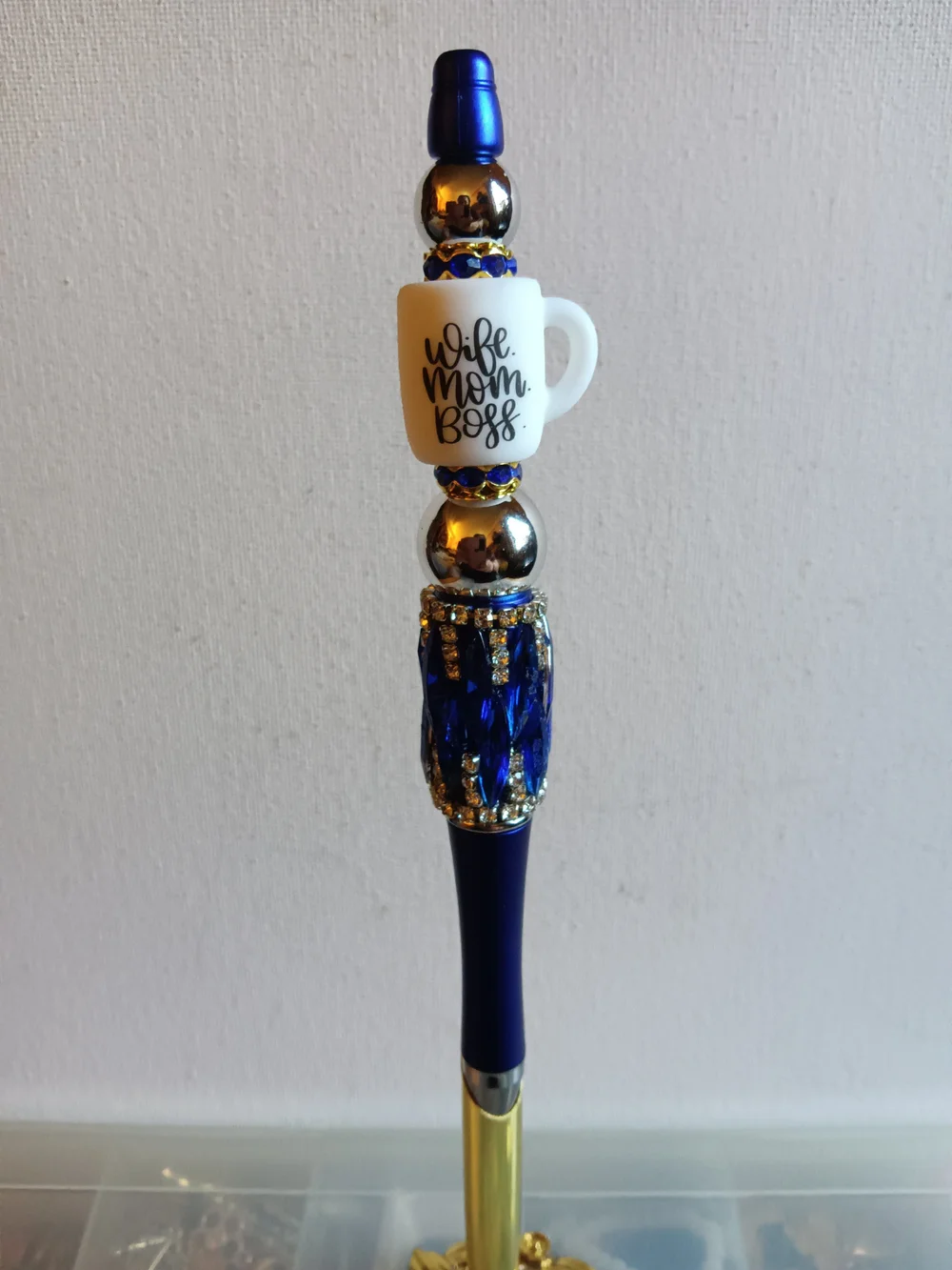 Wife Mom Boss Beaded Pen with Royal Blue and Silver Accents
